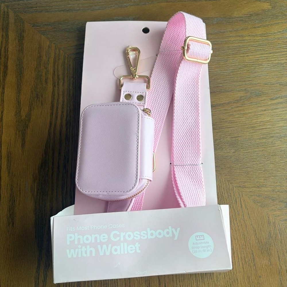 Pink Phone Crossbody Strap with Wallet Universal Adjustable Gold Hardware NEW